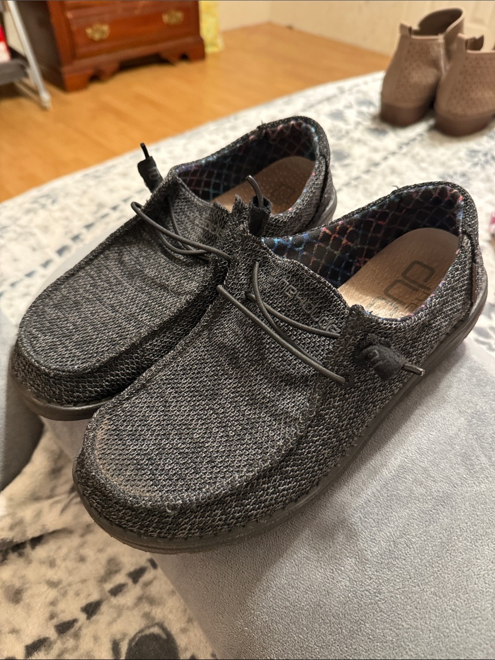 Hey Dude Women's Slip-On Sneakers in Charcoal Gray Knit